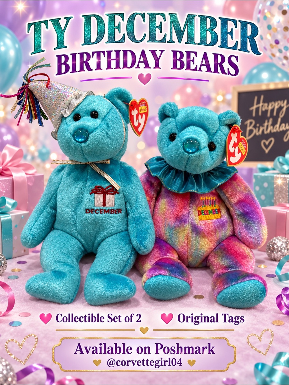 Ty December Birthday Bears Plush Duo - Teal & Multicolor Tie-Dye